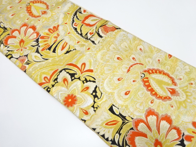 JAPANESE KIMONO / ANTIQUE FUKURO OBI / WOVEN PEACOCK & FLORAL CREST